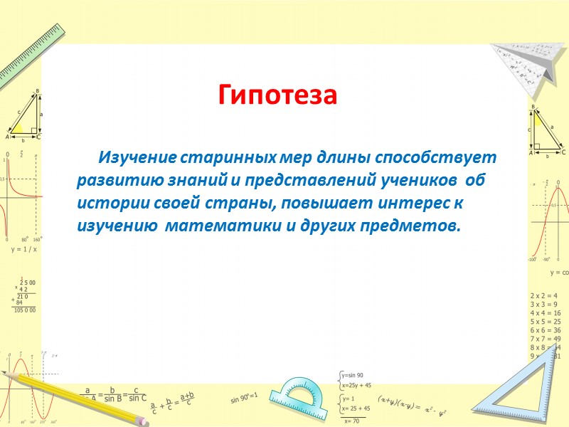 Гипотеза      Изучение старинных мер длины способствует развитию знаний и